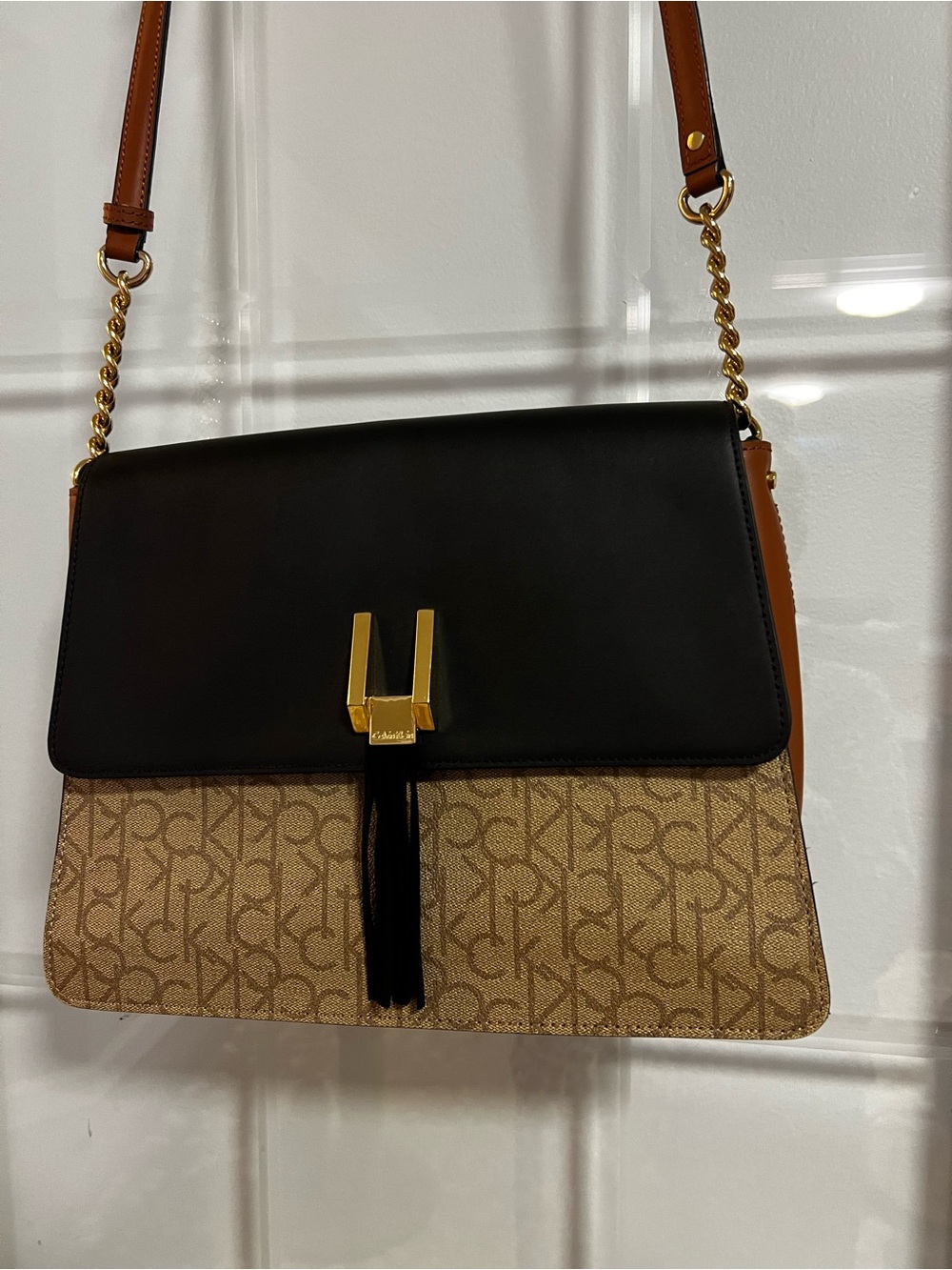 Calvin Klein Black & Tan Signature Logo Shoulder Bag